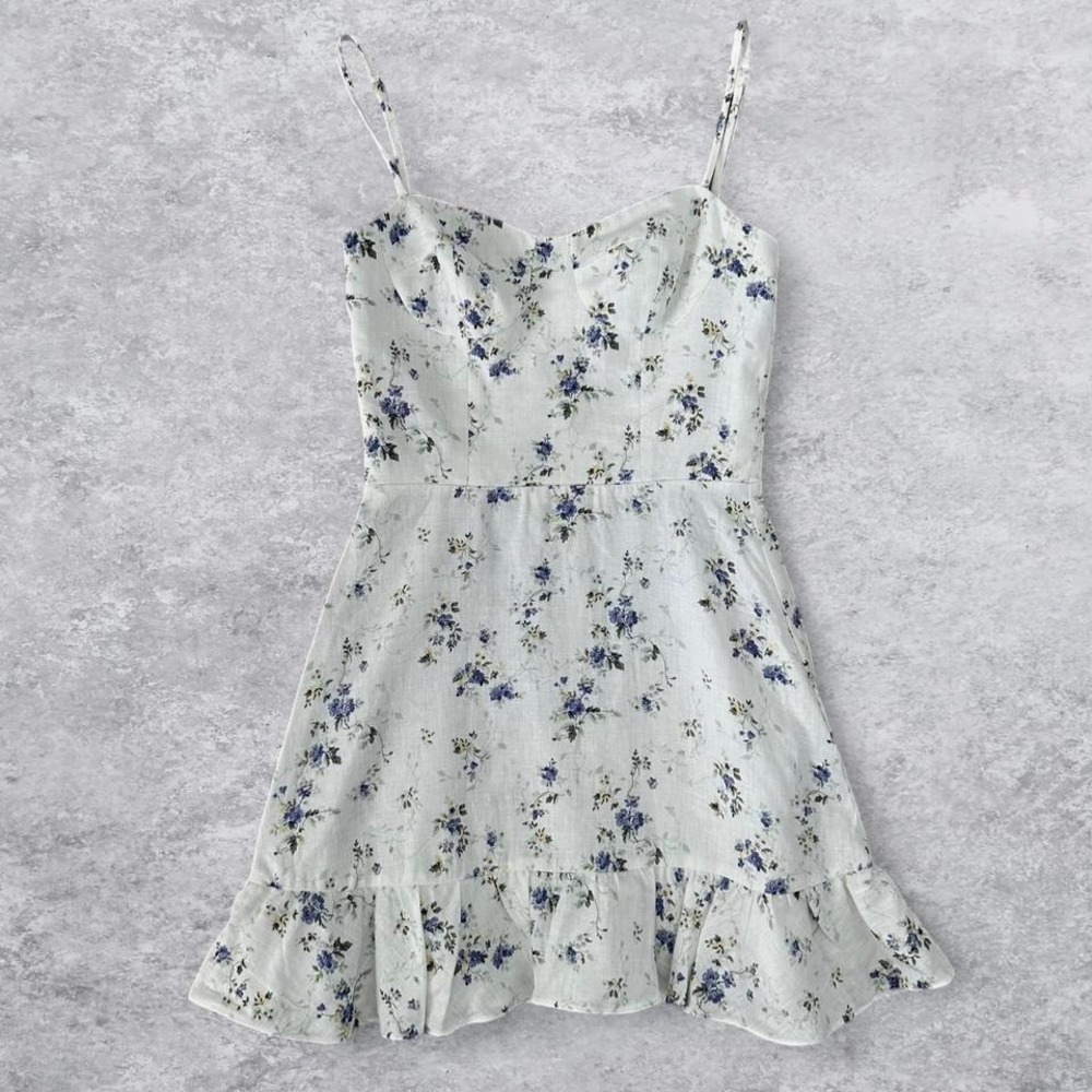 Reformation White Mini Dress with Blue Floral Print